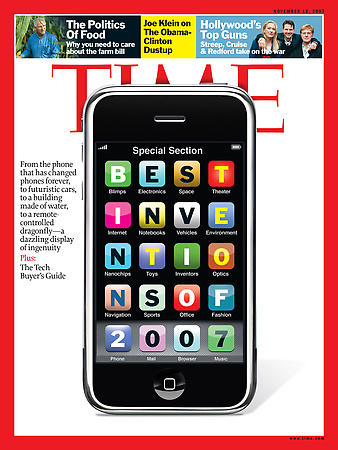 Обложка журнала Time от 12 ноября 2007 года — iPhone назван журналистами изобретением года