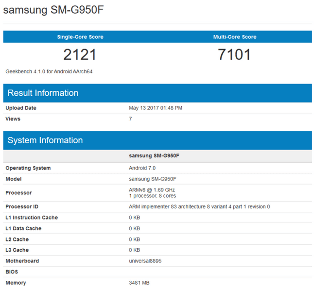 Samsung Galaxy S8 с Exynos 8895 набрал в Geekbench более 7000 баллов