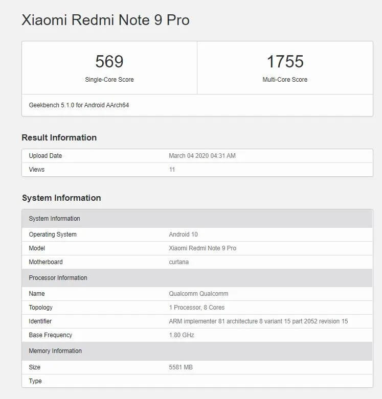 Производительность Redmi Note 9 Pro измерили в Geekbench